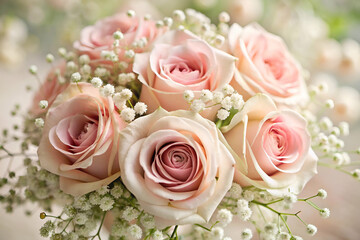 A delicate bouquet featuring soft pink roses and small white accents, perfect for romantic occasions and celebrations.