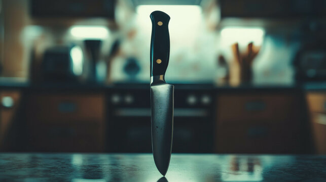 A low-angle view of a knife positioned with the blade facing upwards, showing the edge and the background of a blurred kitchen counter.
