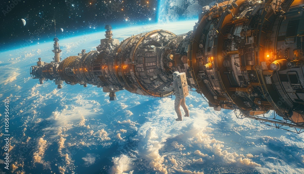 Poster astronaut in space suit floating near a large space station