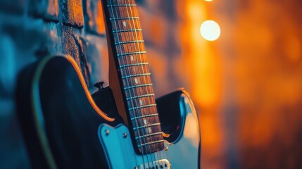 Obraz premium A low-angle view of a guitar leaning against a wall, showing the neck and frets, with a softly blurred room background.