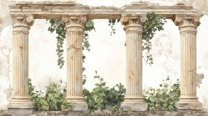 Naklejka premium Aged mural wallpaper with Roman columns and vines, creating a classical, vintage look, isolated on white