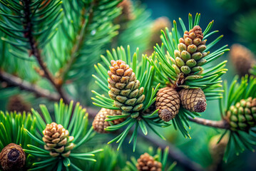 Fototapeta premium A close-up of a pine tree branch featuring green needles and developing pine cones, showcasing rich textures and natural beauty.