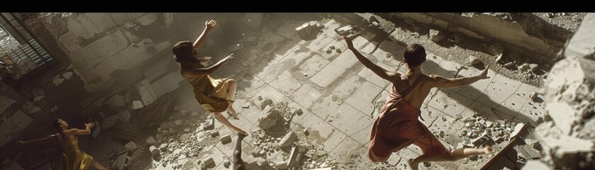 Illustrate a dystopian realm through a mix of contemporary dance styles amidst ruins