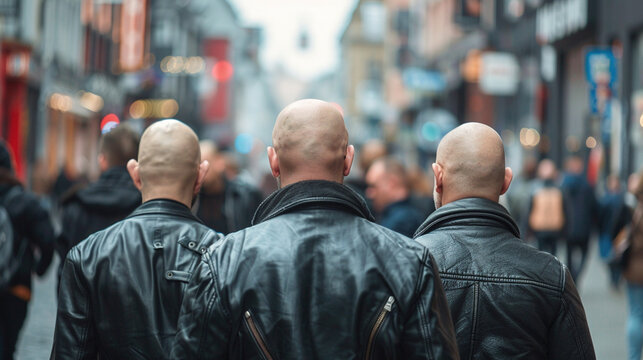 Back view of three bald skinhead man in leather jacket in crowded city. Agressive bald head male walking the street. Shaved head person who looks for danger and fight