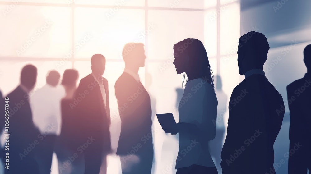 Poster silhouetted figures in a modern setting, engaging in conversation during a business meeting or netwo