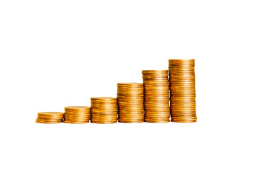 Golden Coins chart on White Background displays increase inflation. financial graph showing inflation. Stock market statistics, crisis, inflation, Money Growth Concept..