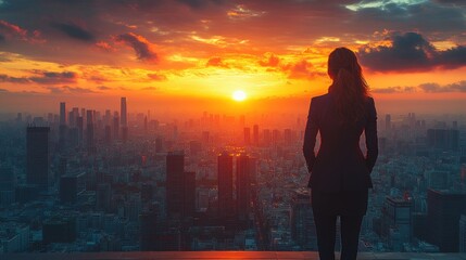 Fototapeta premium A silhouette of a person gazing at a vibrant city sunset.
