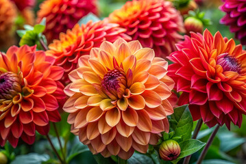 A stunning array of vibrant dahlias in shades of orange and red, showcasing intricate petals and a lush green backdrop.