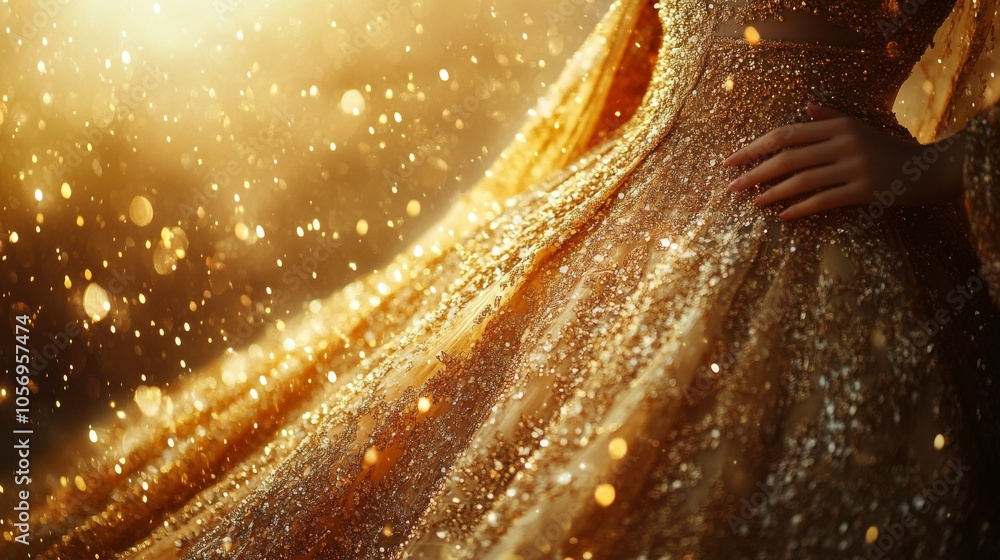 Poster golden gown with sparkling sequins and bokeh lights