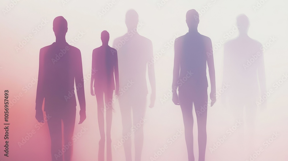 Poster silhouettes of figures walking in a soft, ethereal atmosphere with a gradient of colors, creating a 