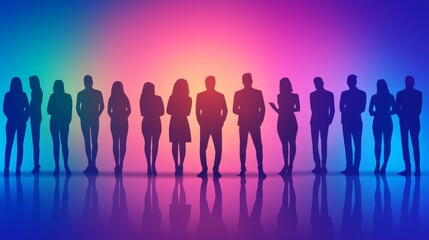 Silhouettes of diverse individuals stand against a colorful gradient backdrop, symbolizing unity and diversity in a modern setting.