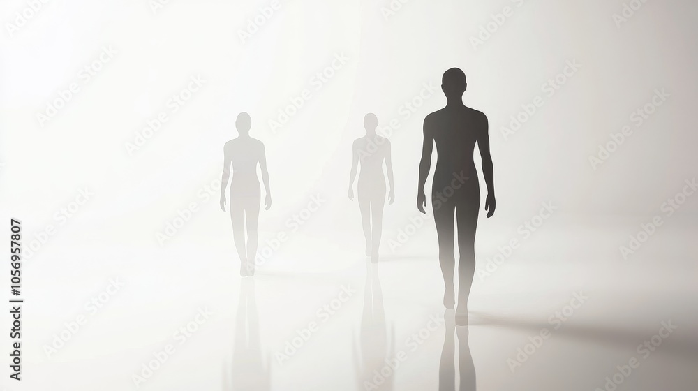 Poster silhouettes of three figures walking through a misty environment, creating a sense of mystery and de