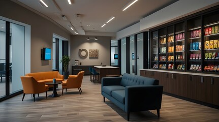 Office lounge with vending machines and seating mockup.generative.ai
