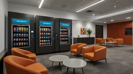 Office lounge with vending machines and seating mockup.generative.ai
