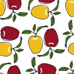 Vector seamless pattern with hand drawn juicy ripe apples. Beautiful food design elements, perfect for prints and patterns
