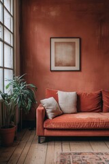 Rustic Living Room with Red Velvet Couch