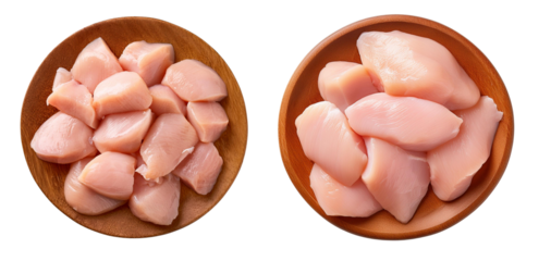 Fresh chicken breast pieces on wooden plates over white isolated background.