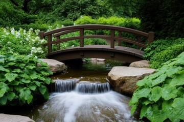Fototapeta premium Serene riverside scene featuring a quaint bridge, surrounded by lush greenery and gentle flowing waters.