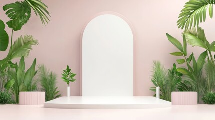 Stylish indoor setting featuring a blank arch wall, greenery, and pastel elements, ideal for modern design presentations.