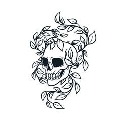 Vintage skull with leaf. Skeleton head bone, old retro tattoo design. Outlined contoured creepy ink drawing. Horror symbol. Hand-drawn engraved vector illustration isolated on white background