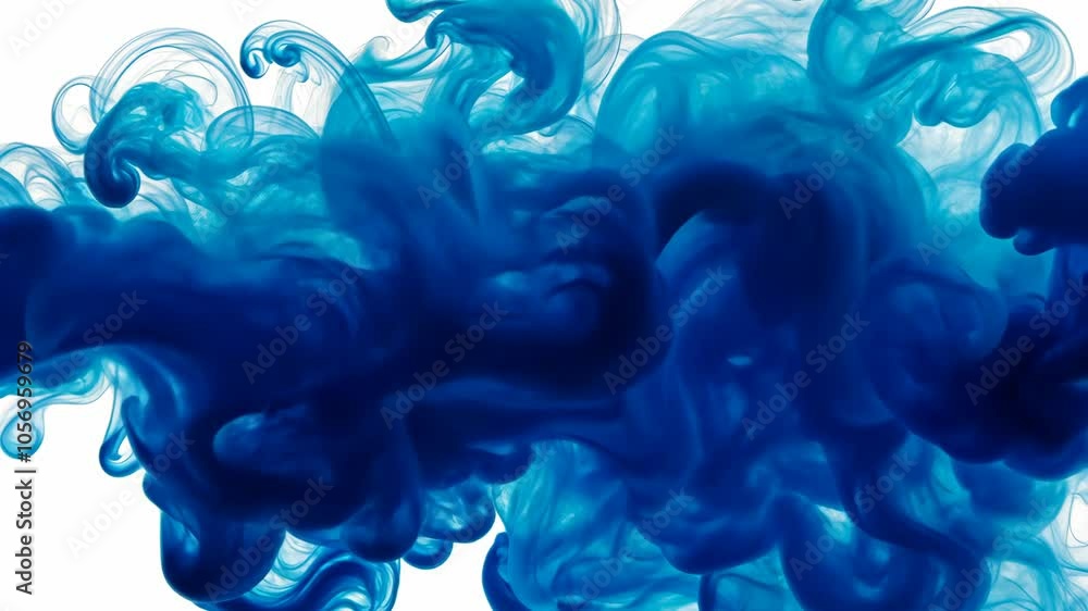 Poster blue ink swirls and dances in a white background, creating an abstract and ethereal image