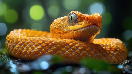 Fototapeta premium Close-up of a vibrant orange snake coiled on the ground.