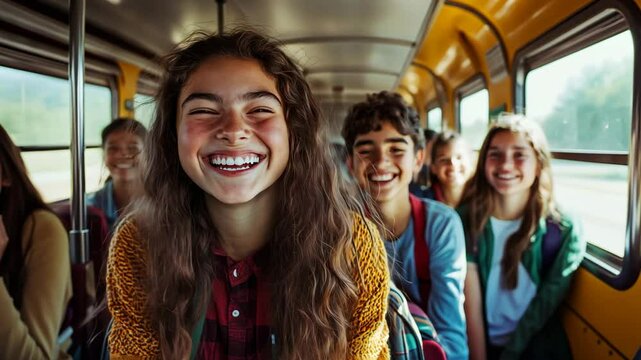 A group of teenagers laugh together on a school bus, enjoying the ride home after a long day of classes