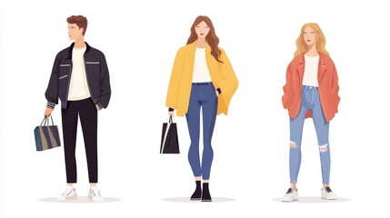 Obraz premium Stylish young adults showcasing modern fashion trends in casual attire, ideal for lifestyle and fashion-related projects.