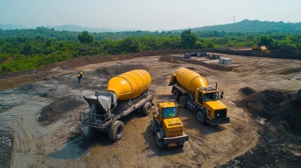 Concrete mixers and construction vehicles workingt