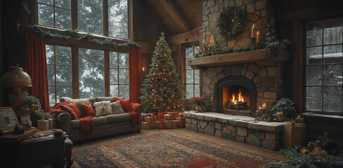 Fototapeta premium Cozy Room with Fireplace and Christmas Tree Overlooking Snowy Forest