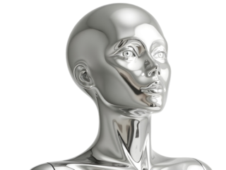 A silver, humanoid head with a neutral expression, tilted slightly upward