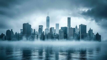 A Foggy Cityscape with Skyscrapers Reflecting in Still Water