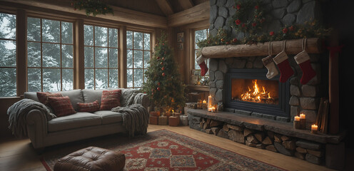 Naklejka premium Cozy Room with Fireplace and Christmas Tree Overlooking Snowy Forest