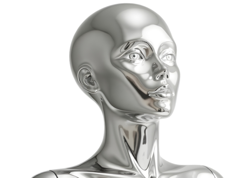 A silver, humanoid head with a neutral expression, tilted slightly upward