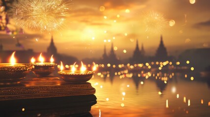 Banner design for diwali festival and podium,Diwali light decoration candle with fireworks,Stage,Product display Showcase design sparkle background,Deepavali,Dipavali,3D podium illustration.
