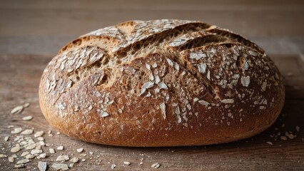 Rustic wholegrain sourdough bread, artisan texture, perfect for food backgrounds or bakery concepts.