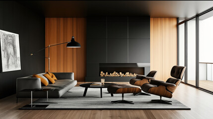 Modern living room interior with gray sofa, orange cushions, wooden lounge chairs, large black floor lamp, and fireplace, featuring wood paneling and large windows.