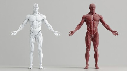 Two anatomical models showcase the human form, highlighting muscle structure and design in a minimalist setting.