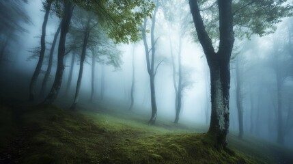 Obraz premium Ethereal Fog Enveloping Tall Trees in a Mystical Forest