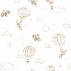 Seamless pattern with cute baby elephant flying in a hot air balloon and retro baby car in toile de jouy style. Vintage line art background.