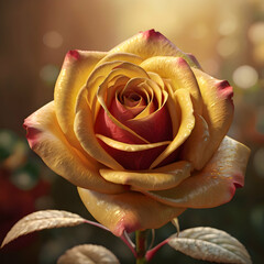 A captivating 3D image of a detailed rose reveals intricately layered petals that fade from vibrant reds and oranges to a soft yellow center. A gentle golden light from the stamen adds a dreamy, ether