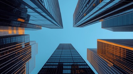 Low-angle view of modern skyscrapers with reflective glass facades against a clear blue sky.