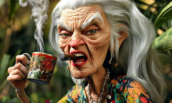 An Elderly Woman Smoking a Cigar and Drinking from a Mug