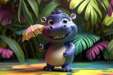 Baby hippo with a sarcastic grin, holding a small umbrella, colorful jungle scene, vibrant 3D style