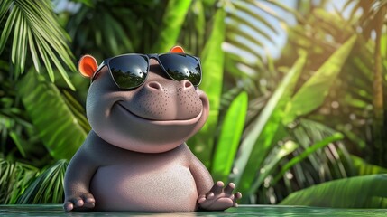 Naklejka premium Baby hippo with a smug smile, sunglasses on, tropical backdrop, bright colors, playful 3D cartoon realism