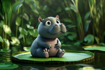 Naklejka premium Baby hippo with an eye roll, sitting on a lily pad, detailed 3D cartoon, soft lighting, jungle background