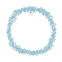 Beautiful vector floral frame clipart in toile de jouy line art style. Hand drawn flower composition illustration. Vintage retro floral wreath.