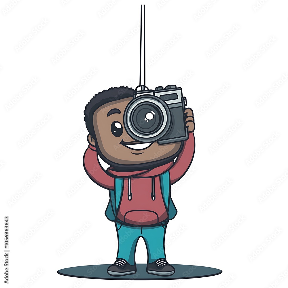 Wall mural A cartoon camera hanging from a tourist�s neck on a white background.