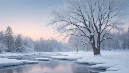 Majestic winter spirit scene featuring a solitary tree by a tranquil river in a frosty landscape at dawn