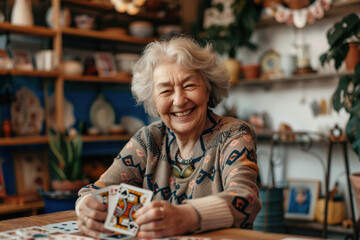 Fototapeta premium Smiling senior elderly gray-haired woman looks into camera happy with playing cards in her hands nurcery room. Activities and entertainment for pensioners 